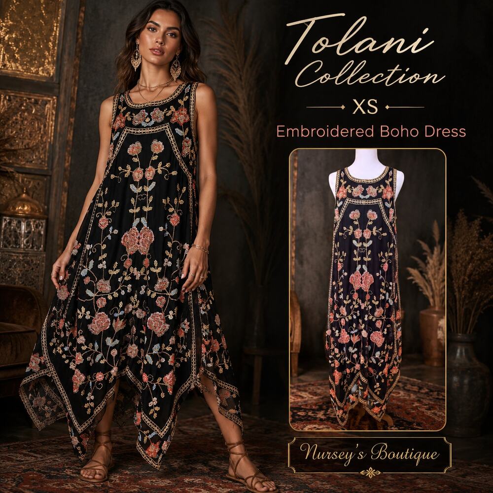 Tolani Collection Embroidered Mesh Handkerchief Hem Dress XS
